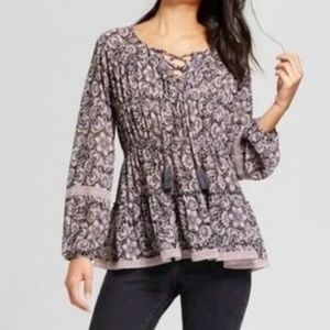 Boho Floral Tiered Tunic Blouse Top Long Sleeve